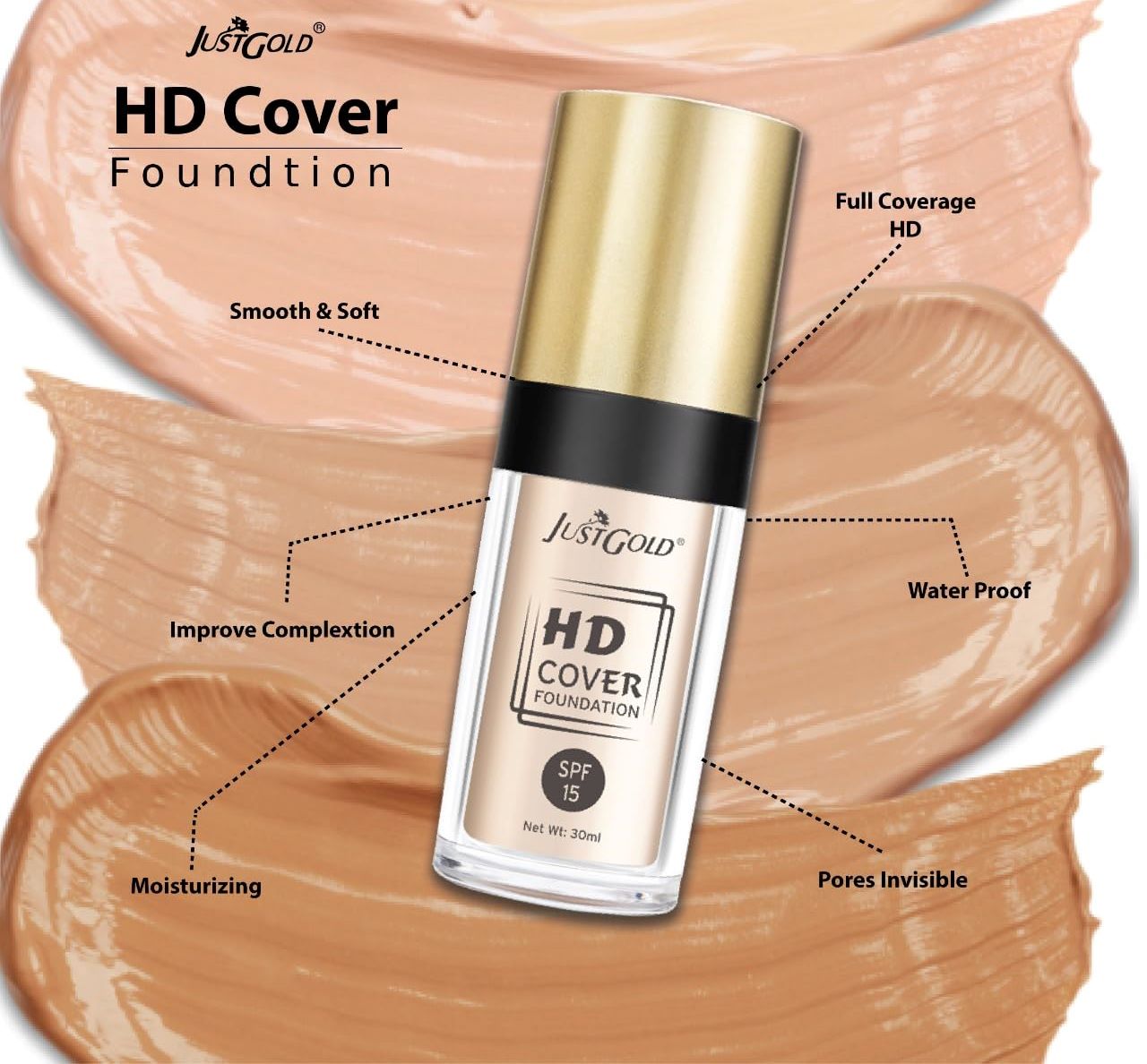 JUSTGOLD HD Cover Foundation With SPF 15 – 30 ml Shade – (Kulfi 2.5) - Image 3